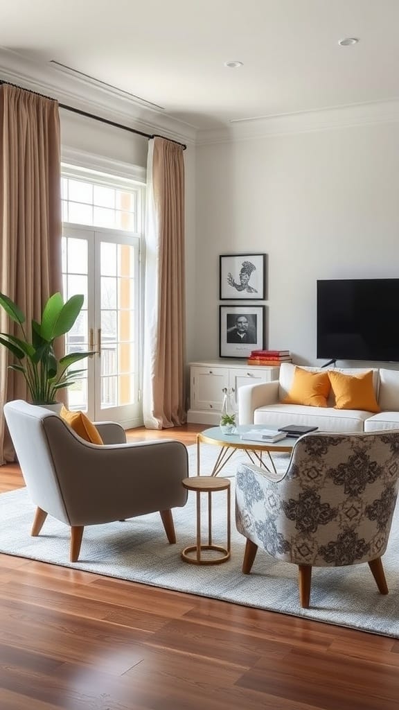 A cozy living room with personality, featuring two stylish accent chairs, a modern coffee table, and bright decorative pillows.