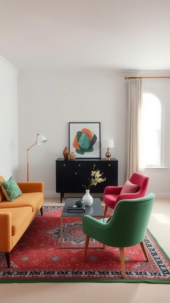 A small living room featuring colorful accent chairs and a stylish coffee table.