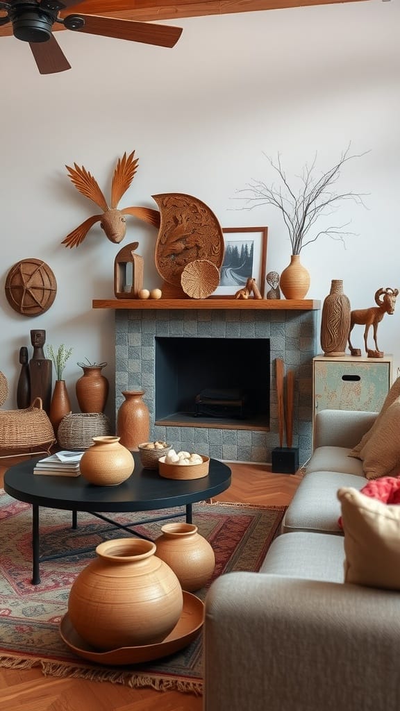 A cozy farmhouse living room featuring artisan crafted decor, including handmade pottery and woven baskets.