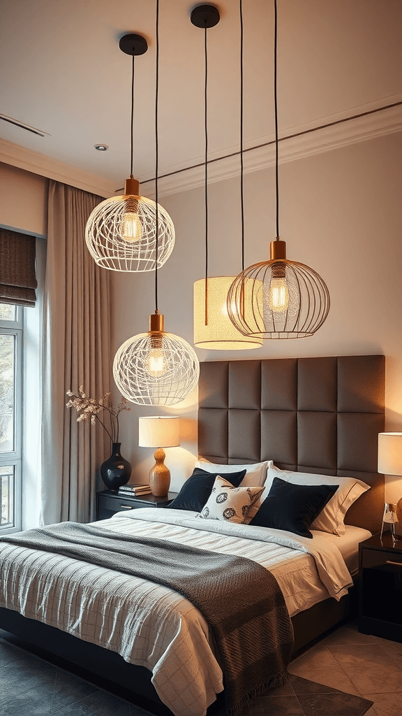 A stylish bedroom featuring artistic lighting fixtures, showcasing a blend of woven and sculptural designs.