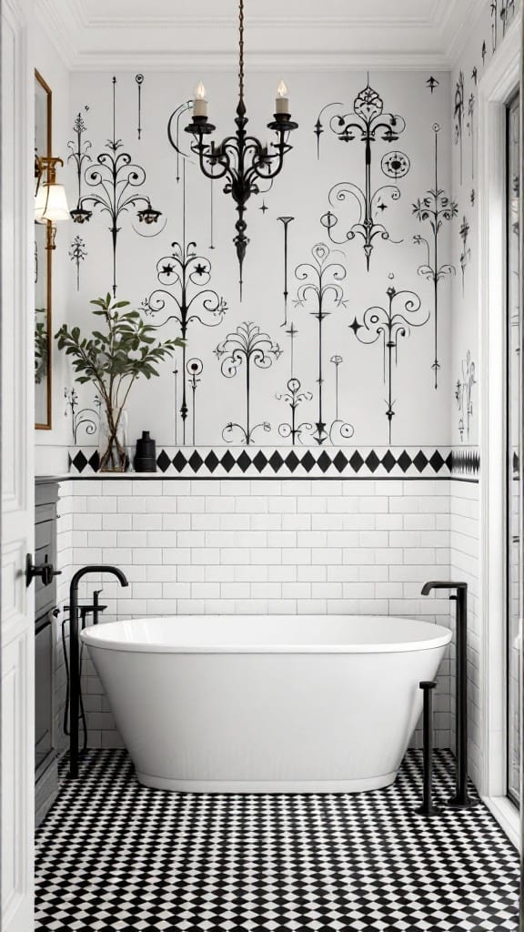 Modern to Retro: 20+ Stunning Black and White Bathroom Tile Designs 24 Elegant black and white tile bathroom with artistic railing details.