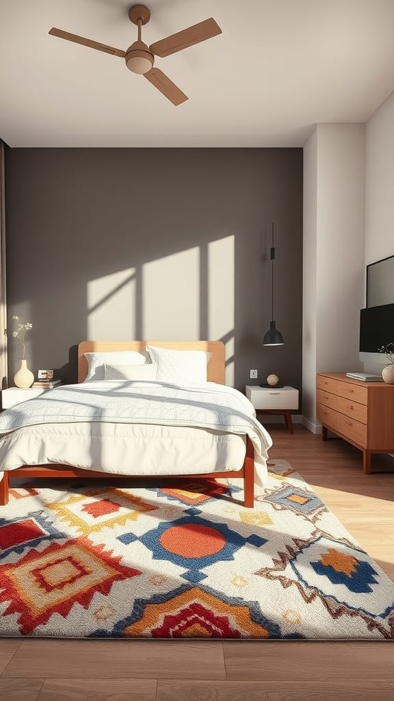 A cozy mid-century modern bedroom featuring a colorful area rug.