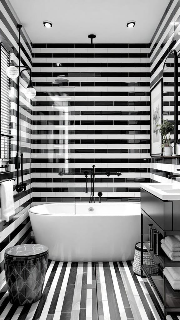 Modern to Retro: 20+ Stunning Black and White Bathroom Tile Designs 7 A modern bathroom featuring bold black and white striped tiles on the walls and floor.