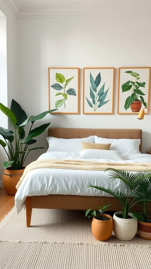 A cozy bedroom featuring botanical prints and various indoor plants.