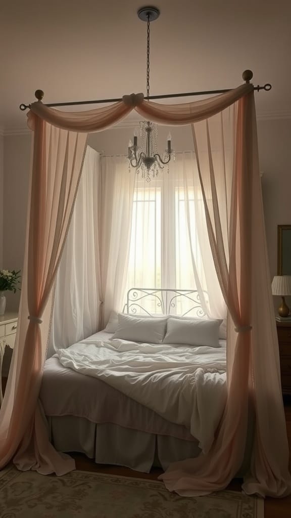 A cozy bedroom featuring a canopy bed with soft drapery, complemented by natural light and elegant decor.