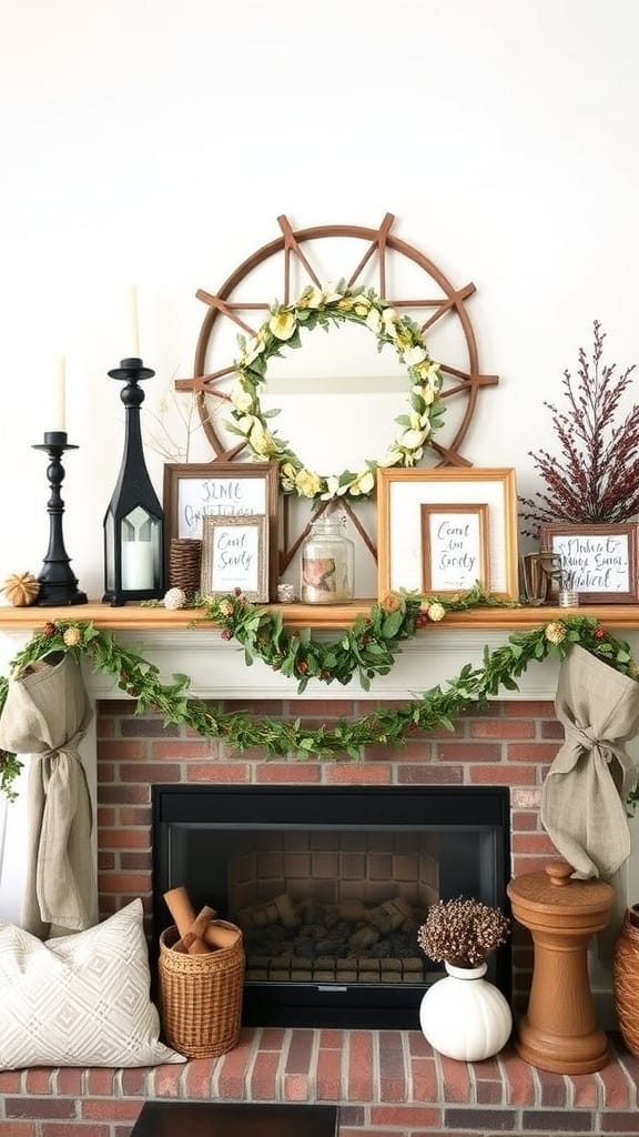 Charming farmhouse-style mantle with greenery, candles, and framed prints.