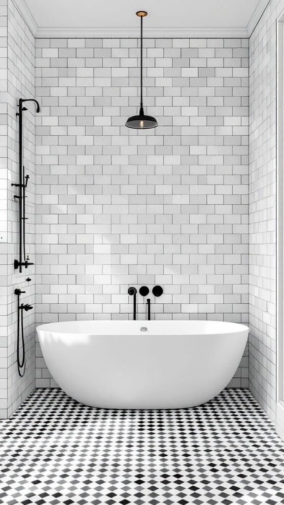 Modern to Retro: 20+ Stunning Black and White Bathroom Tile Designs 22 Stylish black and white tiled bathroom with a modern tub and fixtures.