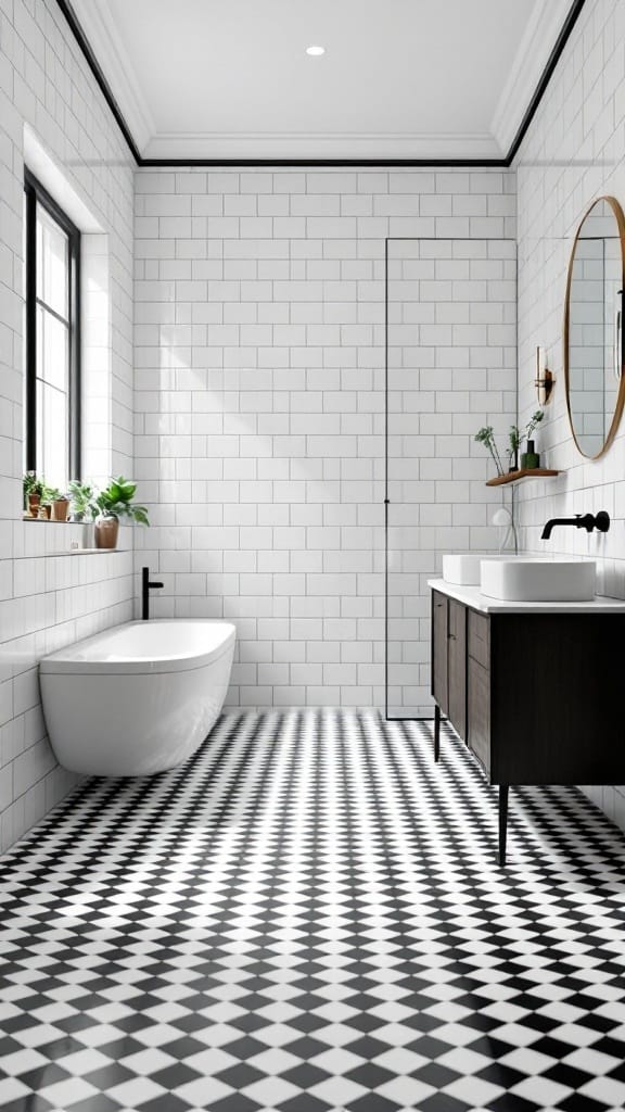 Modern to Retro: 20+ Stunning Black and White Bathroom Tile Designs 5 A modern bathroom featuring a classic checkerboard tile pattern in black and white, with a tub, sink, and mirror.