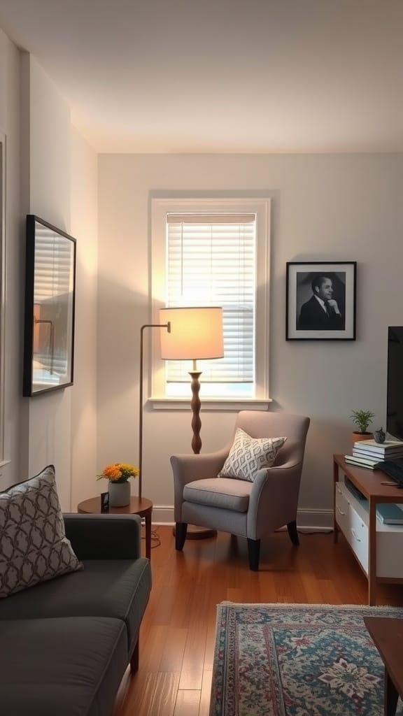 A small living room featuring a gray sofa, a light gray armchair, a lamp, and decorative elements.