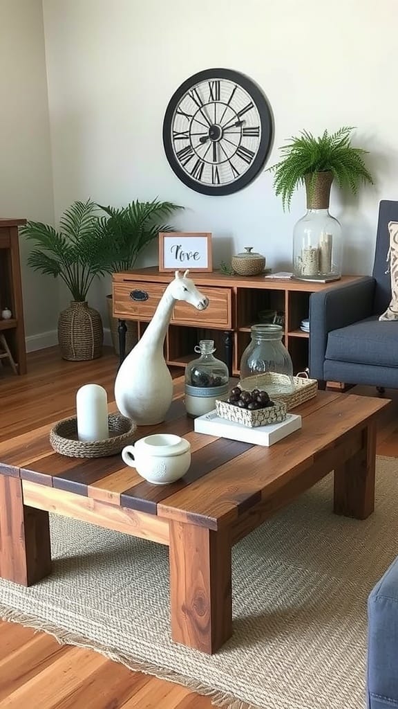 A rustic wooden coffee table adorned with decorative items in a farmhouse living room.