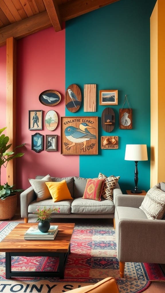 A cozy farmhouse living room featuring colorful accent walls in teal, pink, and yellow.