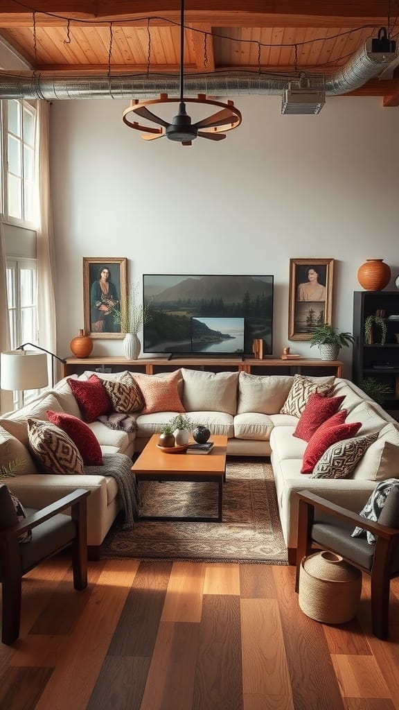 A cozy farmhouse living room featuring a large sectional sofa with decorative pillows, a wooden coffee table, and warm lighting.