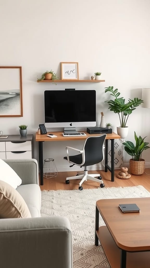 A compact desk setup in a small living room featuring a computer, chair, and decorative plants.