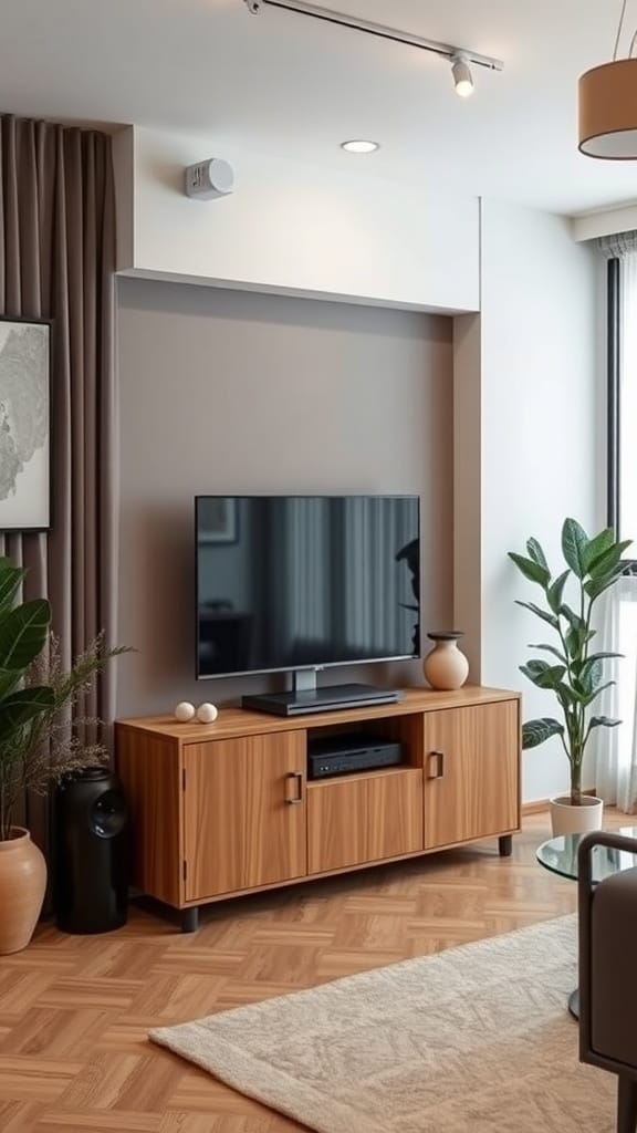 A stylish compact media center featuring a TV, wooden cabinet, and indoor plants.