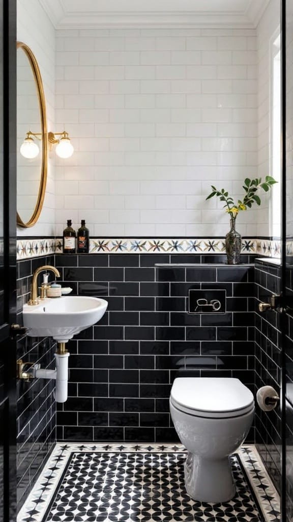 Modern to Retro: 20+ Stunning Black and White Bathroom Tile Designs 10 A stylish black and white tile bathroom featuring contrasting borders around the mirror and walls.
