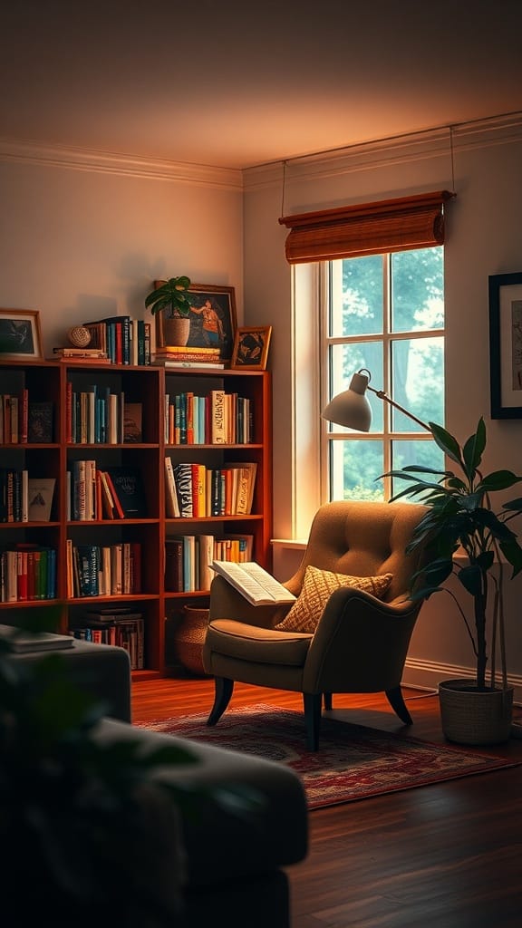 Cozy reading corner with a chair, bookshelf, and soft lighting