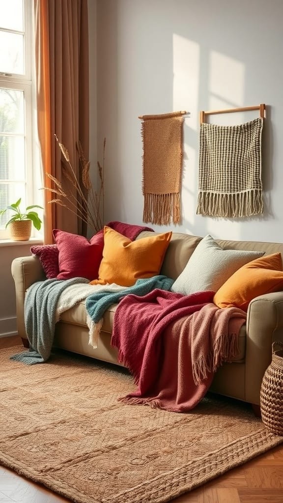 A cozy living room featuring a sofa adorned with colorful pillows and layered throws, complemented by a soft area rug.