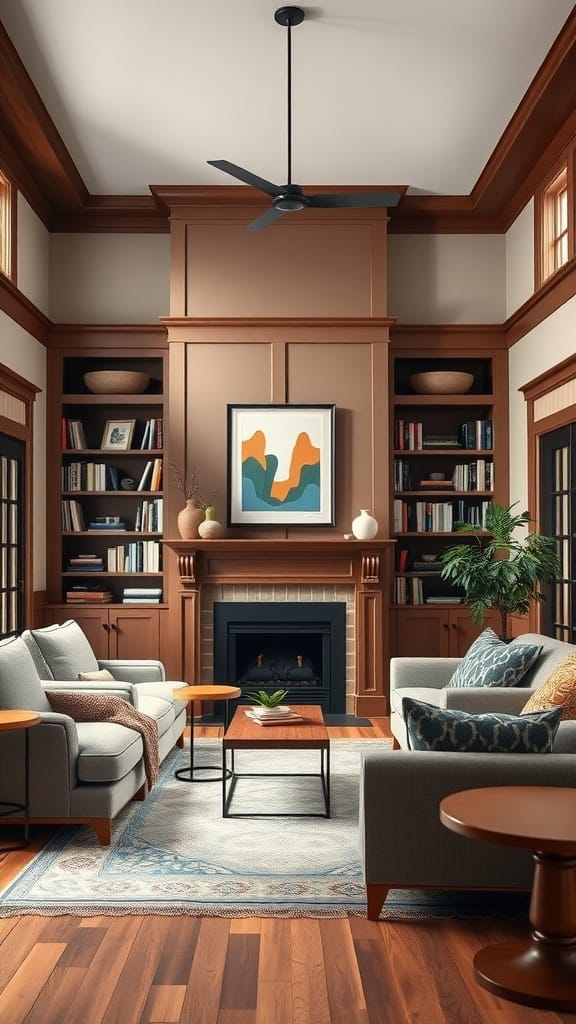 A cozy Craftsman-style living room featuring rich wood detailing, comfortable seating, and a warm color palette.