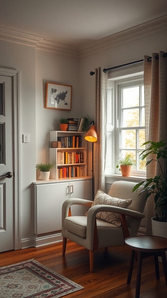 A cozy reading nook featuring a comfortable chair, bookshelf, and plants in a small living room.