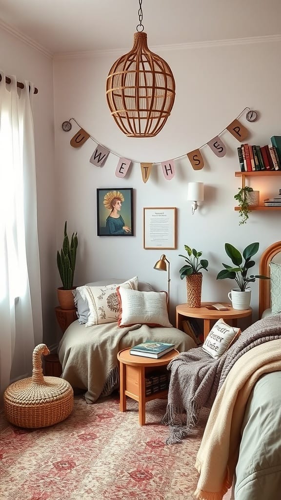 Cozy reading nook with boho decor in a mid-century modern bedroom