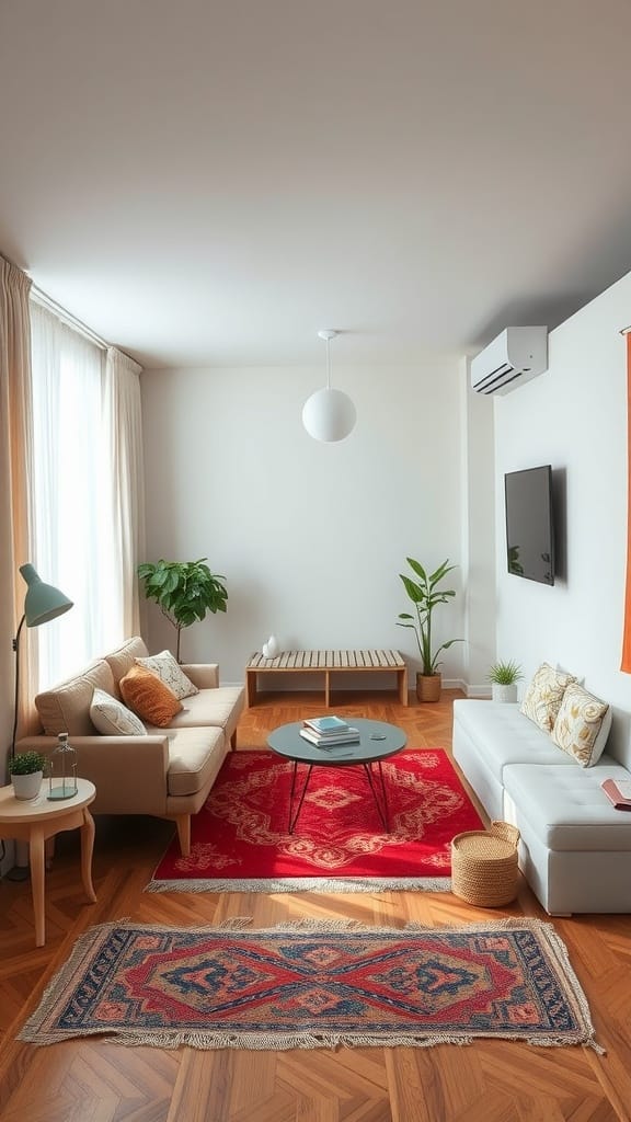 A small living room with two area rugs, one red and one patterned, dividing the space.