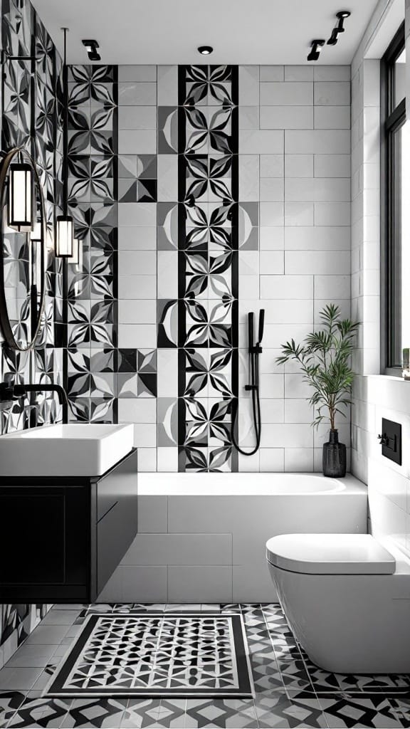 Modern to Retro: 20+ Stunning Black and White Bathroom Tile Designs 21 A stylish black and white tiled bathroom featuring geometric patterns with a modern design.