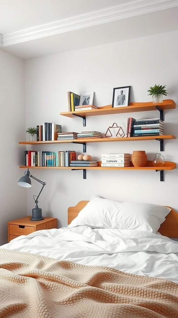 A stylish bedroom featuring wooden wall shelves with books and decorative items.