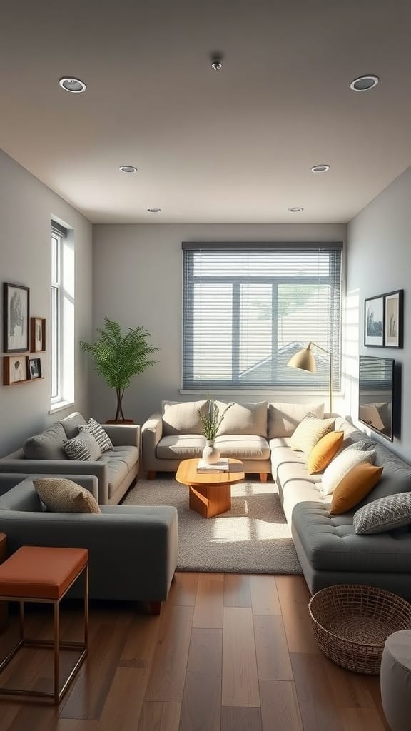 A cozy small living room with customizable modular seating, a wooden coffee table, and natural light coming through the windows.