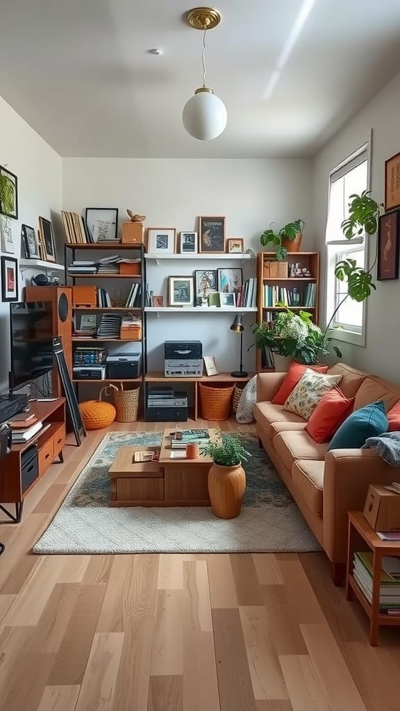 A cozy small living room featuring a sofa, a coffee table, and shelves filled with books and plants.