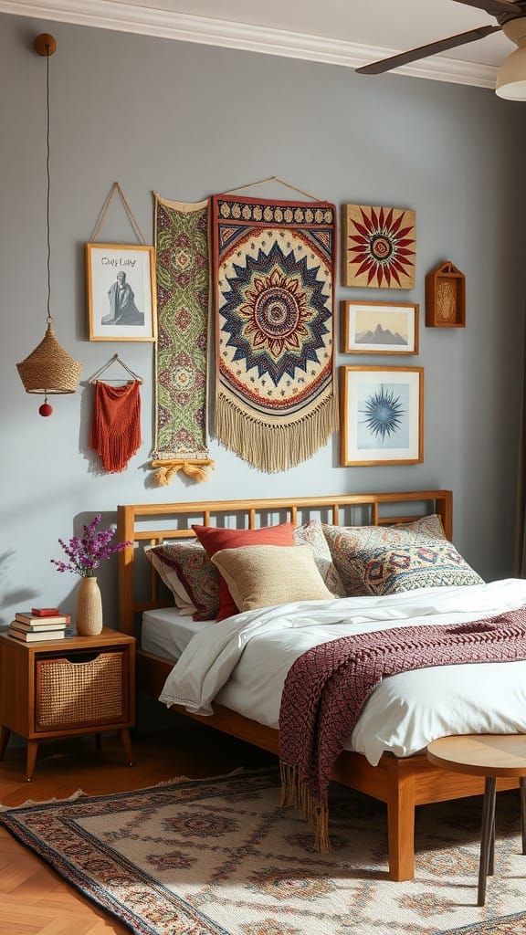 Bohemian-inspired wall art in a mid-century modern bedroom, featuring tapestries and framed pictures.