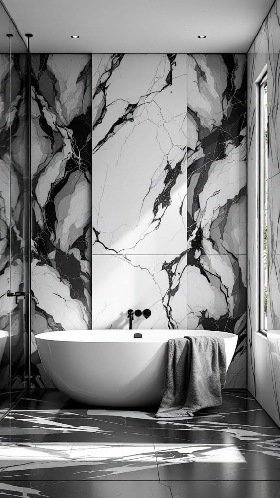 Modern to Retro: 20+ Stunning Black and White Bathroom Tile Designs 11 A stylish black and white bathroom featuring dramatic wall panels and a modern freestanding bathtub.
