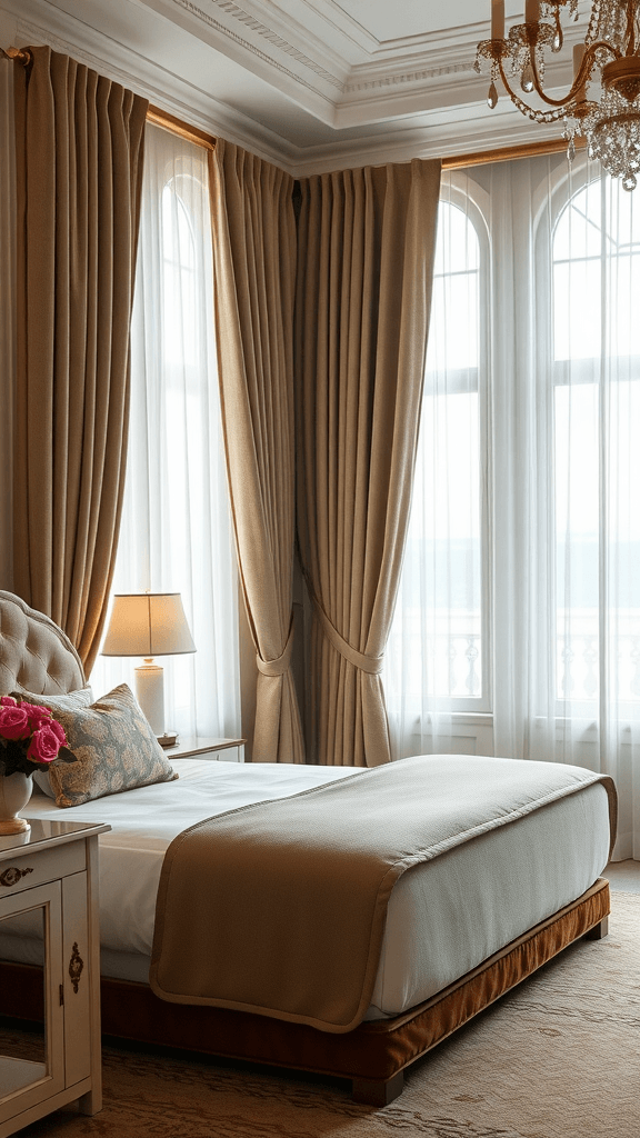 Luxurious curtains in a bedroom with a neatly made bed and bedside lamp.