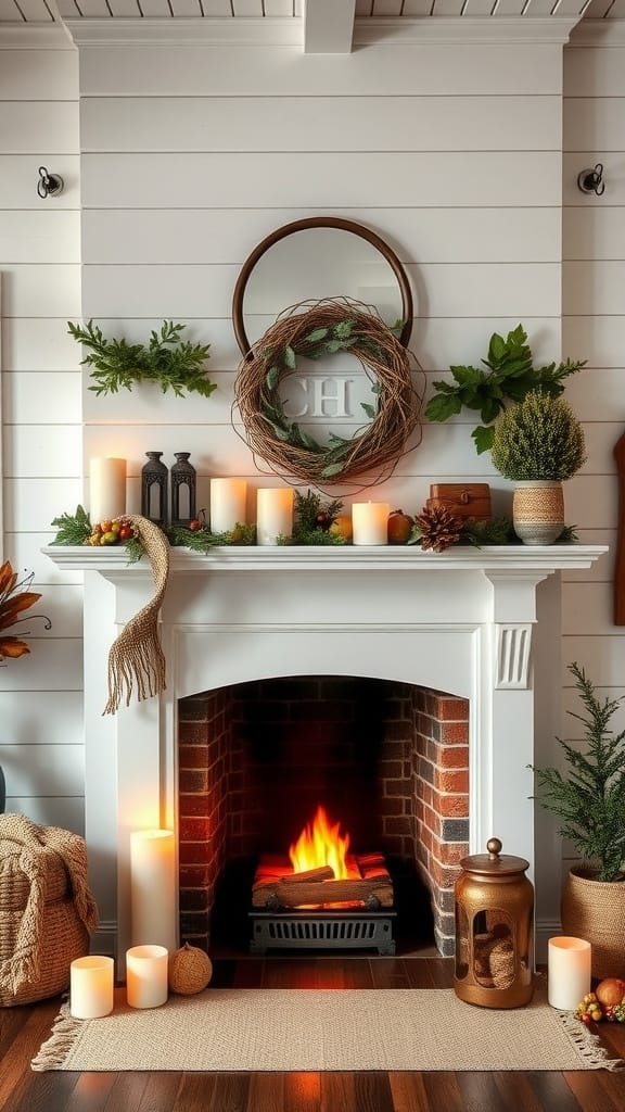 Cozy farmhouse-style fireplace with candles and seasonal decor.