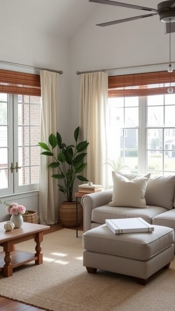 A cozy farmhouse living room with natural wood blinds and light curtains.