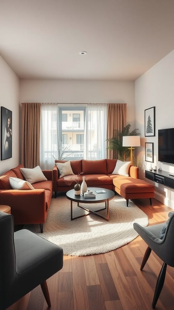 Small living room with a floating furniture arrangement featuring an orange sectional sofa, a round coffee table, and stylish decor.