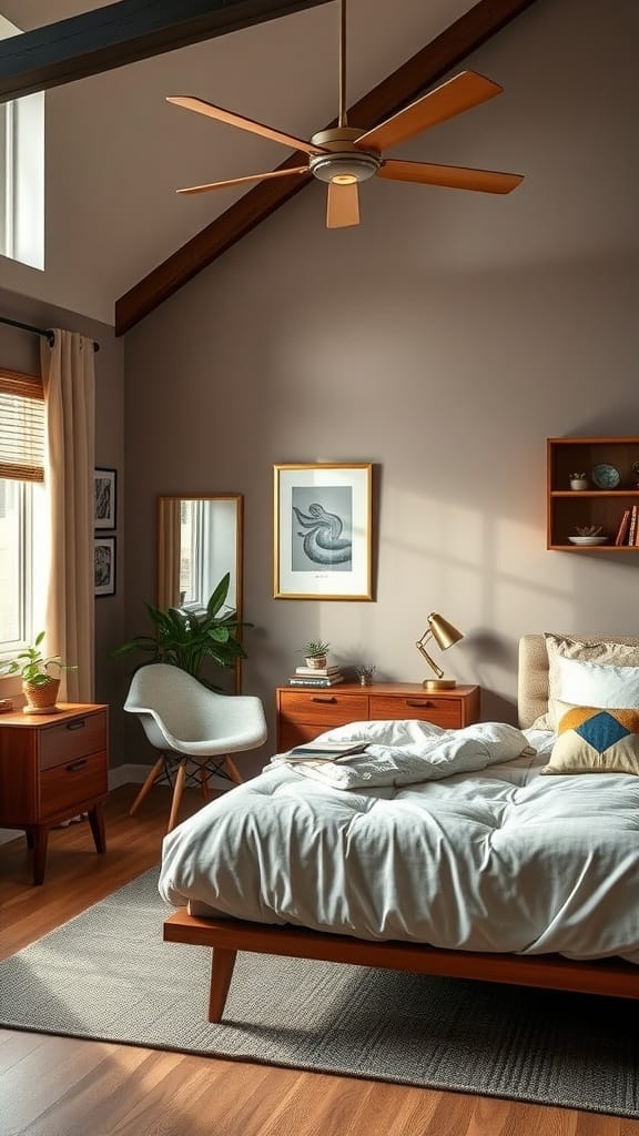 Boho Mid-Century Modern bedroom featuring stylish furniture and warm tones.