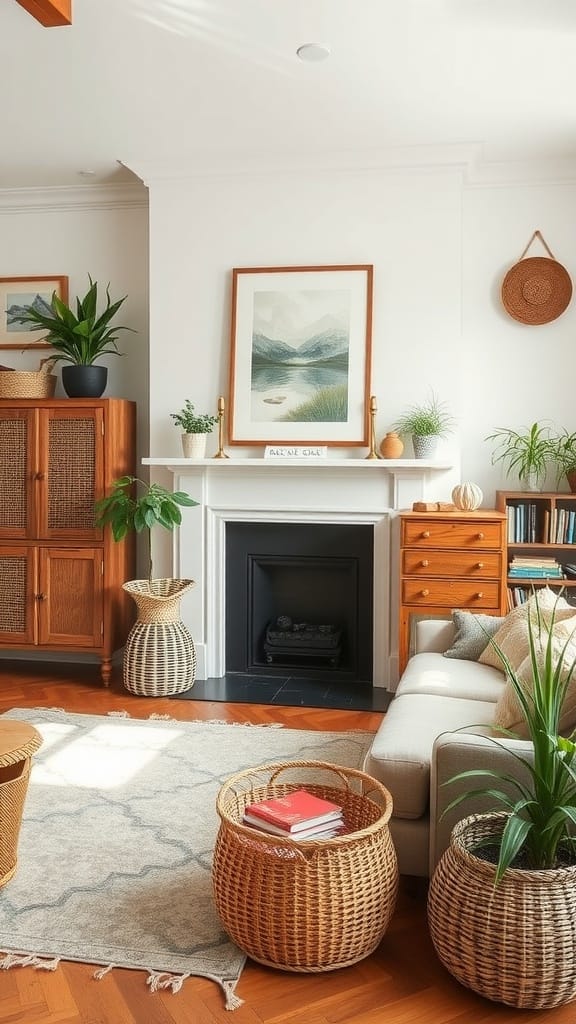 A cozy farmhouse living room with stylish storage options, featuring woven baskets and a warm color palette.