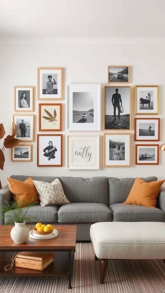 Gallery wall featuring various framed photos and artwork above a gray couch with orange pillows