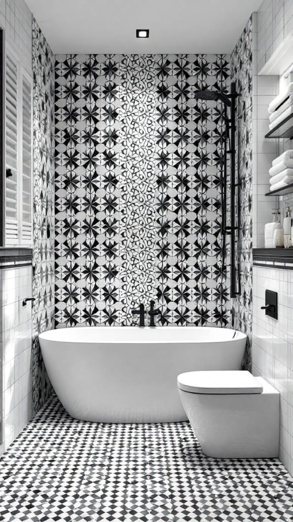 Modern to Retro: 20+ Stunning Black and White Bathroom Tile Designs 4 A stylish black and white tiled bathroom with geometric mosaic patterns.