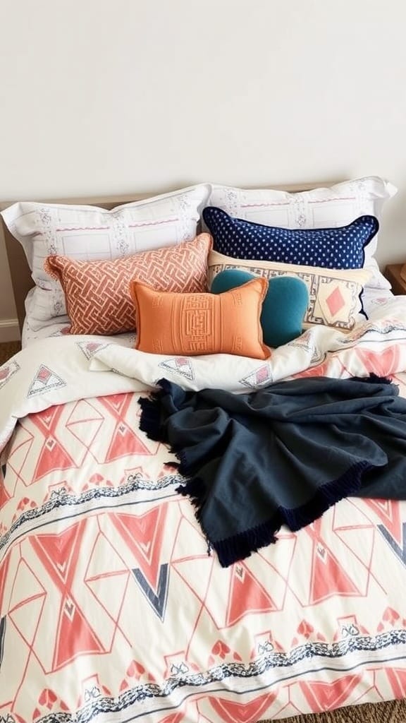 A bed with geometric patterned bedding, featuring colorful pillows and a navy throw blanket.