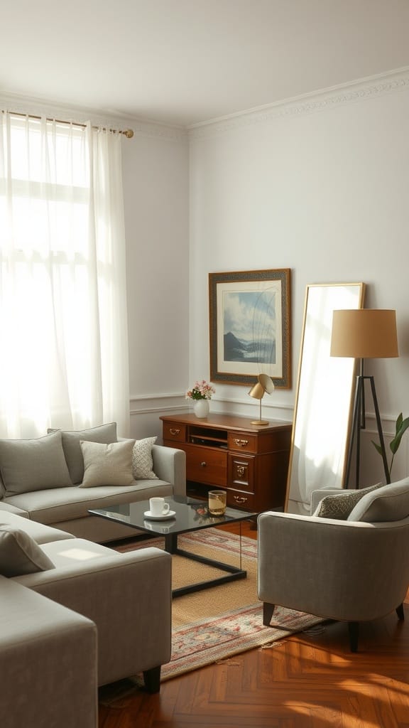 A cozy small living room with a large mirror reflecting natural light.