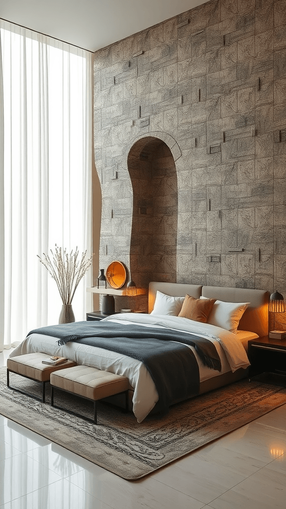 A modern bedroom featuring a stone wall and a minimalist bed setup.