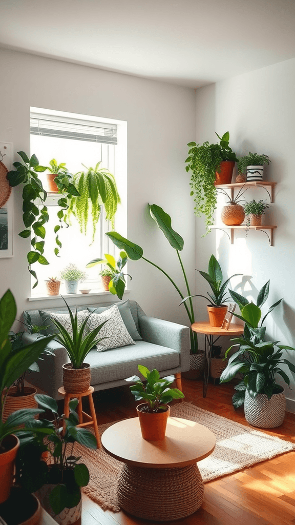 A cozy living room filled with various indoor plants, creating a fresh and inviting atmosphere.