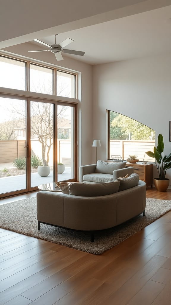 A bright and airy farmhouse living room with large windows opening to an outdoor space, featuring a cozy couch and indoor plants.