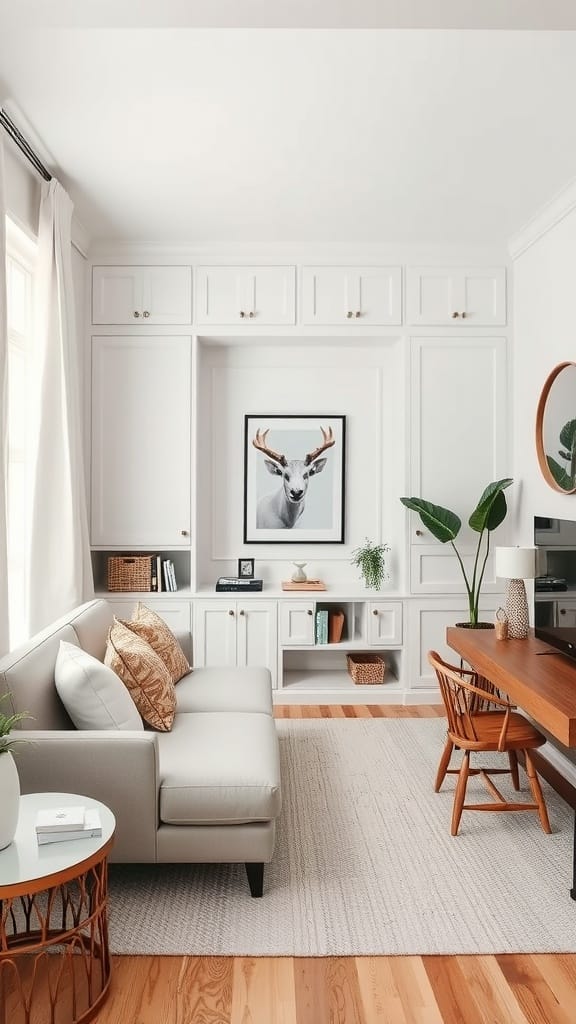 A stylish small living room featuring built-in shelves, a cozy gray sofa, and a wooden desk.