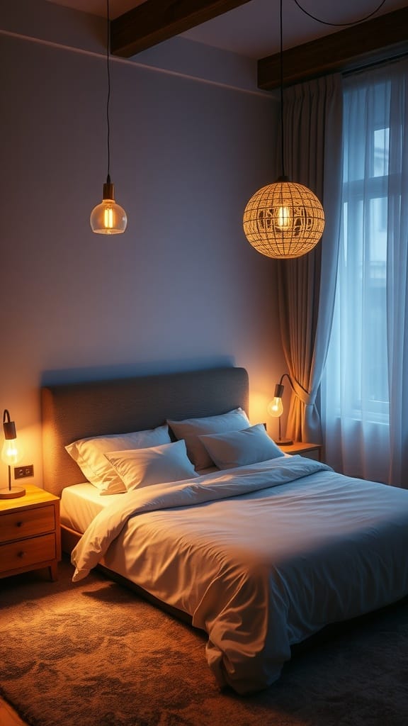 Cozy bedroom with layered lighting featuring pendant lights and bedside lamps.