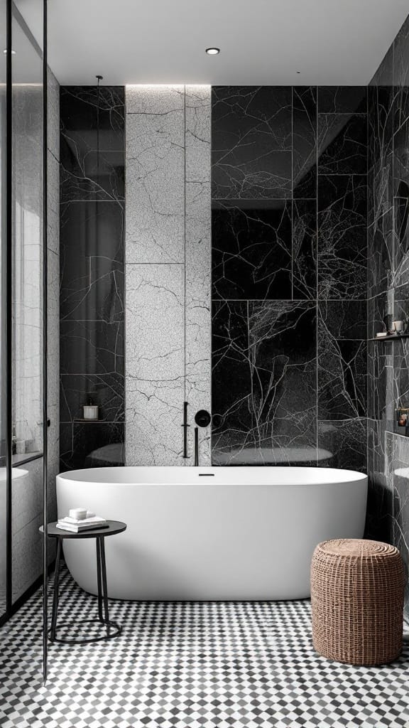 Modern to Retro: 20+ Stunning Black and White Bathroom Tile Designs 20 A modern black and white bathroom featuring layered textures with tile designs.