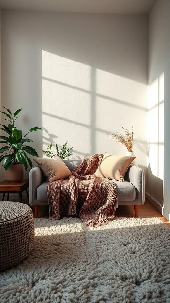 A cozy small living room with a soft rug, a knitted blanket on the sofa, and green plants.