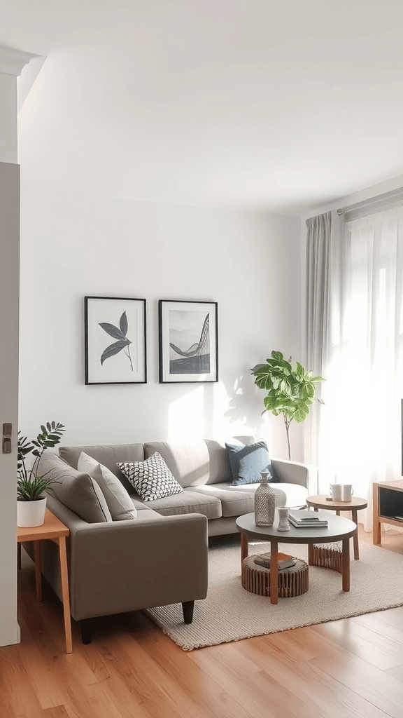 A small living room with minimalist decor, featuring a gray sofa, wooden coffee table, and large windows.