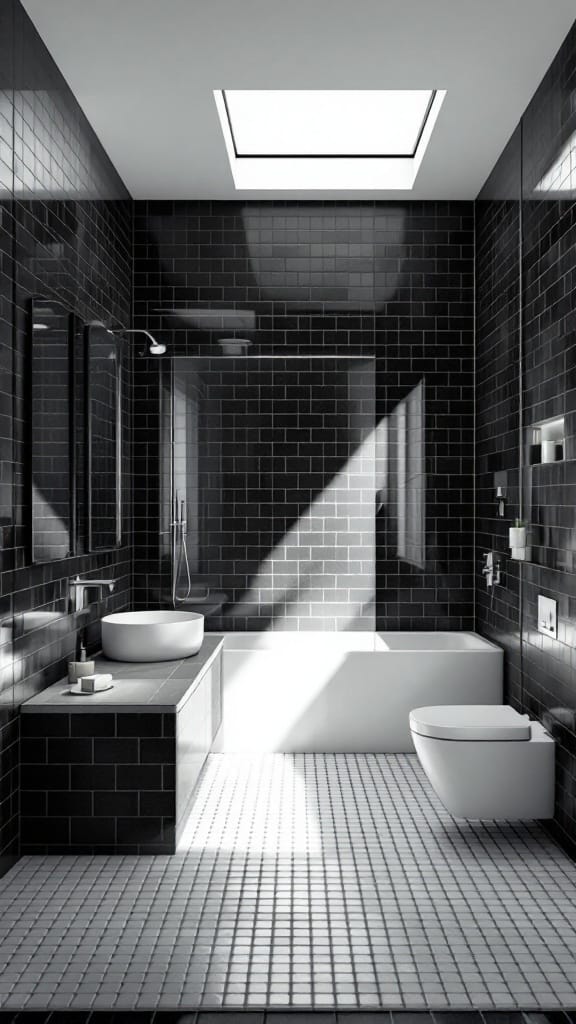Modern to Retro: 20+ Stunning Black and White Bathroom Tile Designs 13 A minimalist black and white bathroom featuring sleek tiles, a bathtub, and natural light.